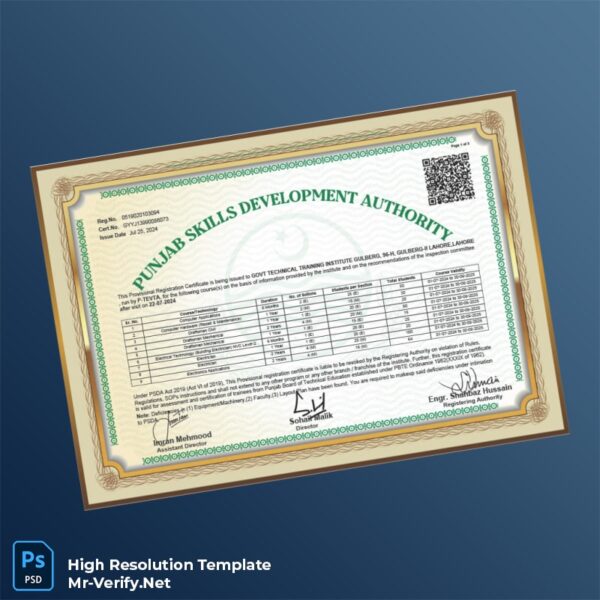 Editable Pakistan Punjab Skills Development Authority Provisional Registration Certificate Word and Pdf Template Preview - Mac Doc