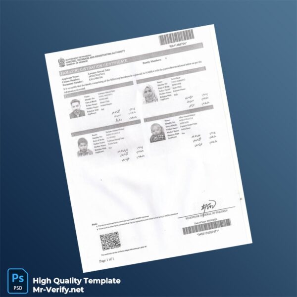 Pakistan Registrar General of Pakistan Editable Family Registration Certificate Template in Word and PDF formats