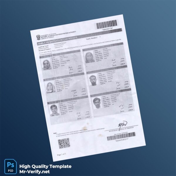Pakistan Registrar General of Pakistan Family Registration Certificate Template in Word and PDF formats