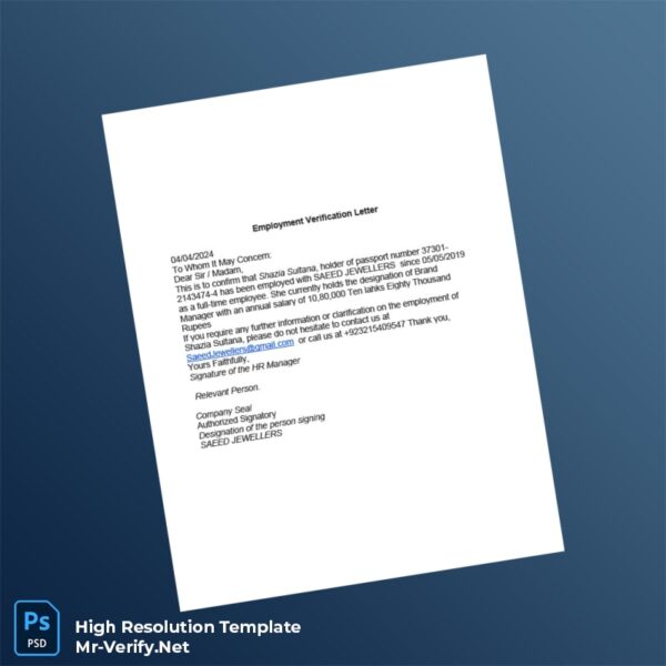 Editable Pakistan SAEED JEWELLERS Employment Verification Letter Word and Pdf Template Preview - Mac Doc