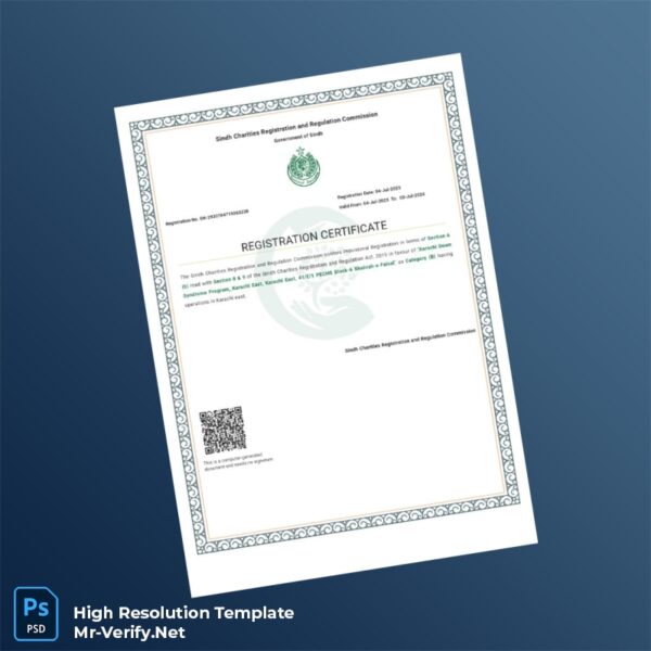 Editable Pakistan Sindh Charities Registration and Regulation Commission Registration Certificate Word and Pdf Template Preview - Mac Doc