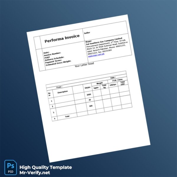 Pakistan Sui Southern Gas Company Limited Performa Invoice Template in Word and PDF formats