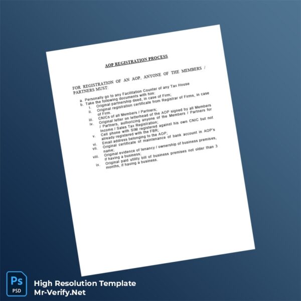 Editable Pakistan Tax Authority AOP Registration Certificate Word and Pdf Template Preview - Mac Doc