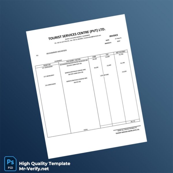 Pakistan Tourist Services Centre Invoice Template in Word and PDF formats