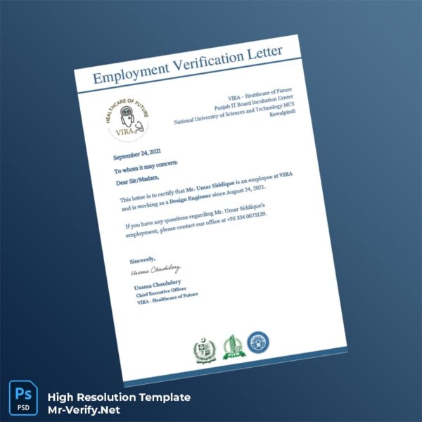 Editable Pakistan VIRA - Healthcare of Future Employment Verification Letter Word and Pdf Template Preview - Mac Doc