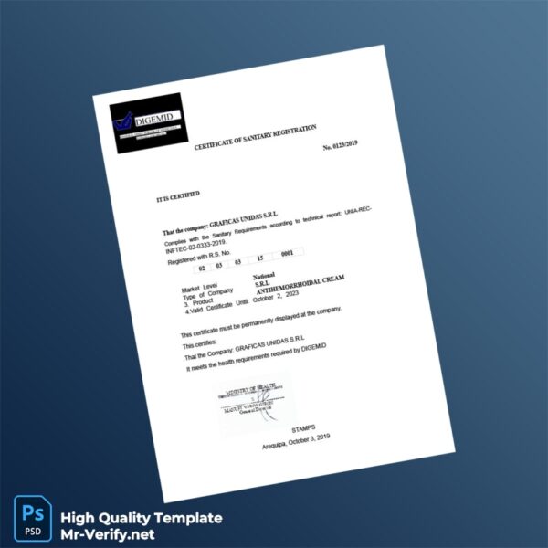 Peru DIGEMID Certificate of Sanitary Registration Template in Word and PDF formats Peru DIGEMID Certificate of Sanitary Registration Template in Word and PDF formats