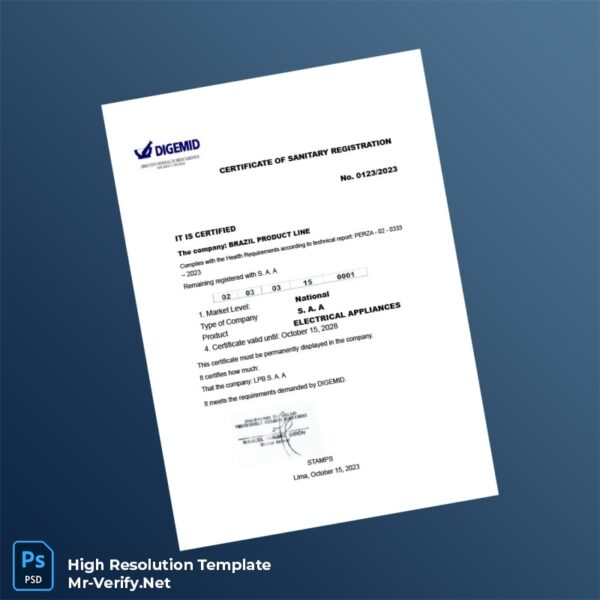 Editable Peru DIGEMID Sanitary Registration Certificate Word and Pdf Template Preview