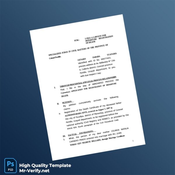 Peru RENIEC Death Certificate Registration Application Template in Word and PDF formats