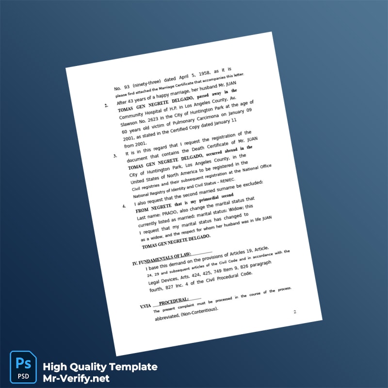 Peru RENIEC Death Certificate Registration Application Template in Word and PDF formats page 2 Peru RENIEC Death Certificate Registration Application Template in Word and PDF formats page 2
