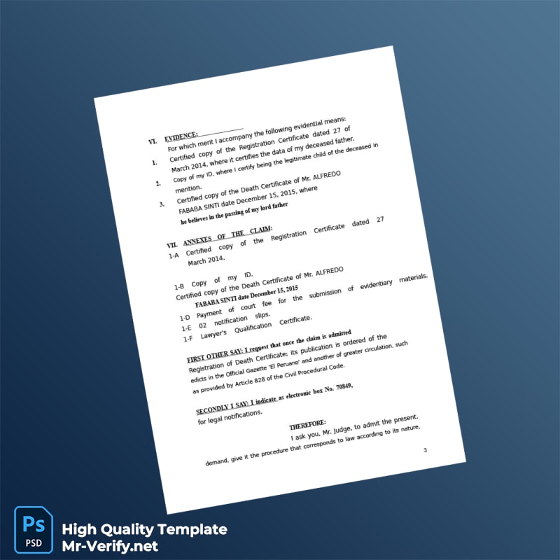 Peru RENIEC Death Certificate Registration Application Template in Word and PDF formats page 3 Peru RENIEC Death Certificate Registration Application Template in Word and PDF formats page 3