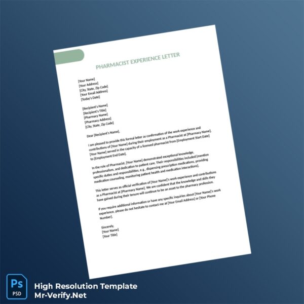 Editable Pharmacist Pharmacy Experience Letter Word and Pdf Template Preview - Mac Doc