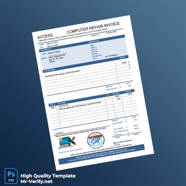 Philippines Access Computer Repair Invoice Template in Word and PDF formats Philippines Access Computer Repair Invoice Template in Word and PDF formats