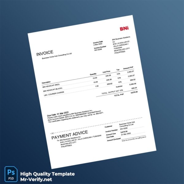 Philippines BNI Business Solutions Inc Invoice Template in Word and PDF formats