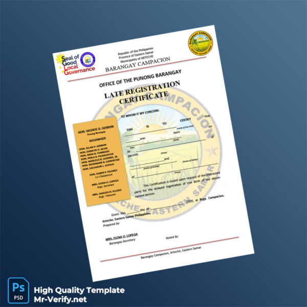 Philippines Barangay Campacion Late Registration Certificate Template in Word and PDF formats