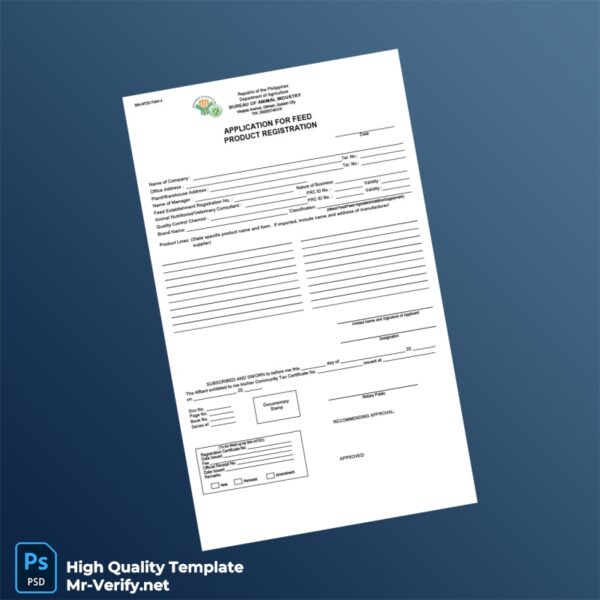 Philippines Bureau of Animal Industry Feed Product Registration Certificate Template in Word and PDF formats