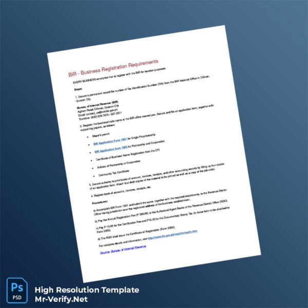 Editable Philippines Bureau of Internal Revenue Registration Certificate Word and Pdf Template Preview - Mac Doc
