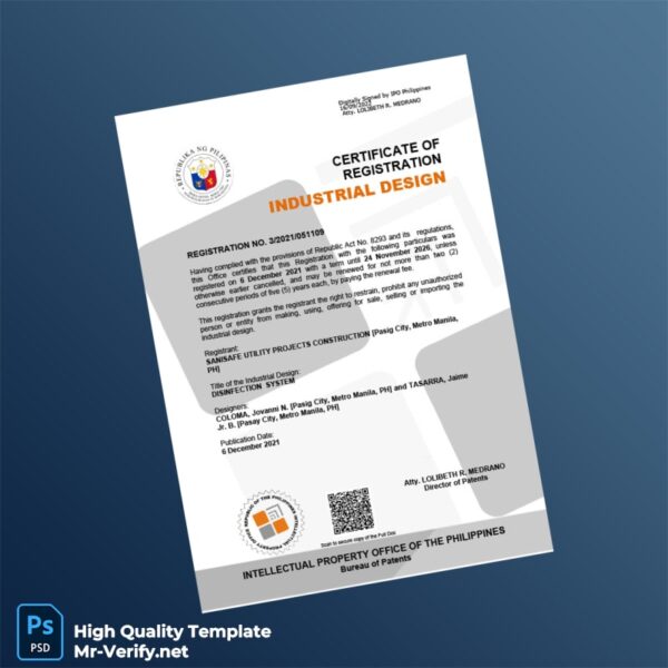 Philippines Bureau of Patents Industrial Design Registration Certificate Template in Word and PDF formats