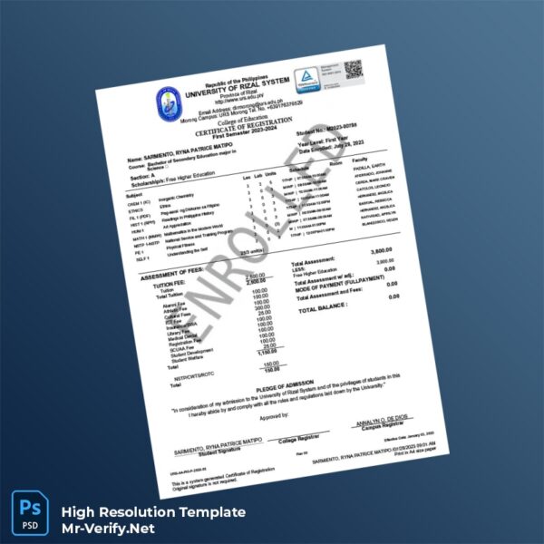 Editable Philippines College of Education Certificate of Registration Word and Pdf Template Preview - Mac Doc