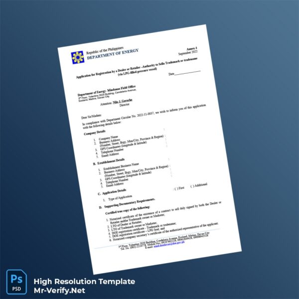 Editable Philippines Department of Energy Registration Certificate Word and Pdf Template Preview - Mac Doc