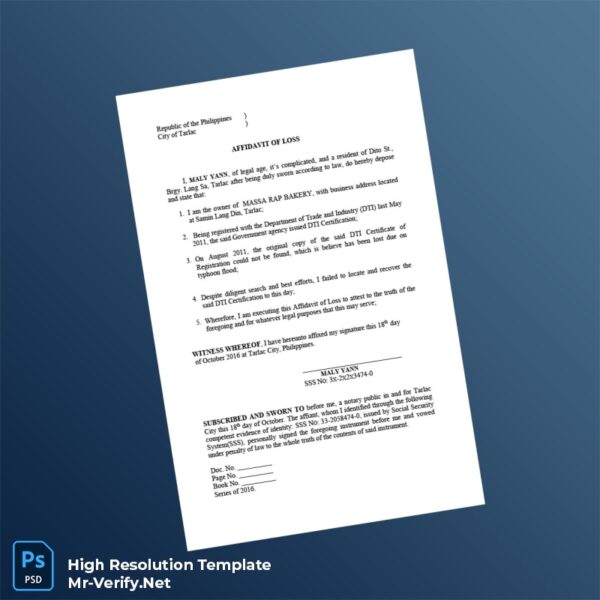 Editable Philippines Department of Trade and Industry Affidavit of Loss Certificate of Registration Word and Pdf Template Preview - Mac Doc