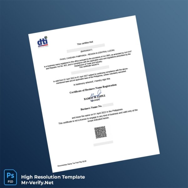 Editable Philippines Department of Trade and Industry Business Registration Certificate Word and Pdf Template Preview