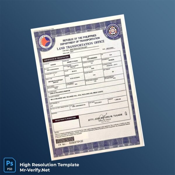 Editable Philippines Department of Transportation Certificate of Registration Word and Pdf Template Preview - Mac Doc