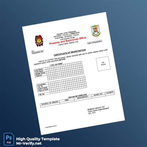 Philippines Firearms and Explosives Office Airgun Registration Certificate Template in Word and PDF formats Philippines Firearms and Explosives Office Airgun Registration Certificate Template in Word and PDF formats