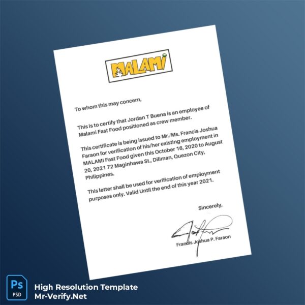Philippines%20MALAMI%20Fast%20Food%20Employment%20Verification%20Letter%20Template%20in%20Word%20and%20PDF%20formats Editable Philippines MALAMI Fast Food Employment Verification Letter Word and Pdf Template Preview - Mac Doc
