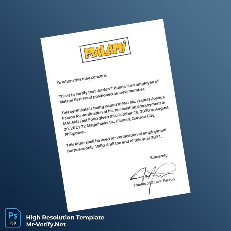 Philippines%20MALAMI%20Fast%20Food%20Employment%20Verification%20Letter%20Template%20in%20Word%20and%20PDF%20formats Editable Philippines MALAMI Fast Food Employment Verification Letter Word and Pdf Template Preview - Mac Doc