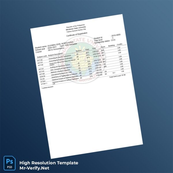 Editable Philippines Mindanao State University Certificate of Registration Word and Pdf Template Preview - Mac Doc