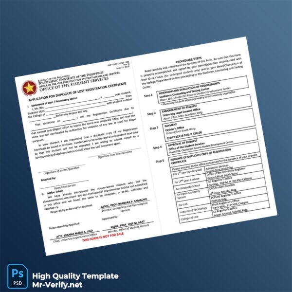 Philippines PUP OSS Editable Application for Duplicate of Lost Registration Certificate Template in Word and PDF formats Philippines PUP OSS Editable Application for Duplicate of Lost Registration Certificate Template in Word and PDF formats