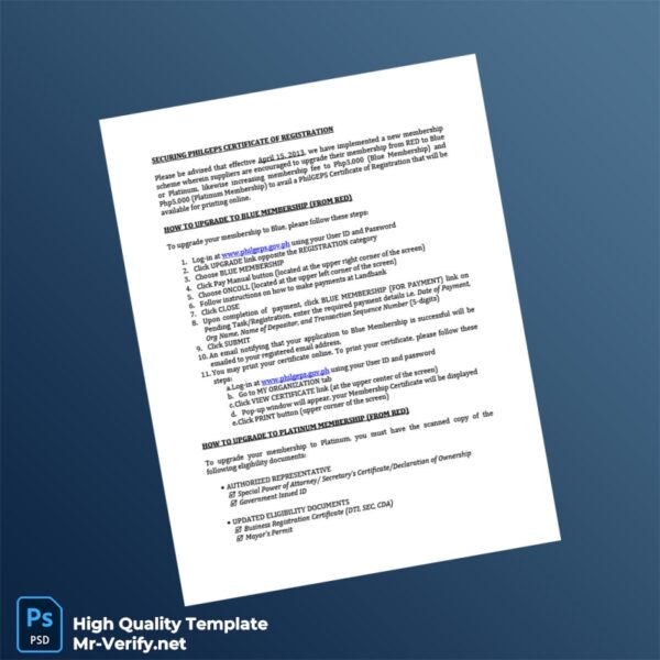 Philippines PhilGEPS Certificate of Registration Template in Word and PDF formats