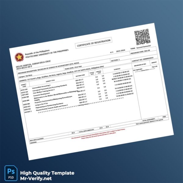 Philippines Polytechnic University of the Philippines Registration Certificate Template in Word and PDF formats