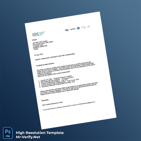 Editable Philippines Regus Service Centre Employment Verification Letter Word and Pdf Template Preview - Mac Doc