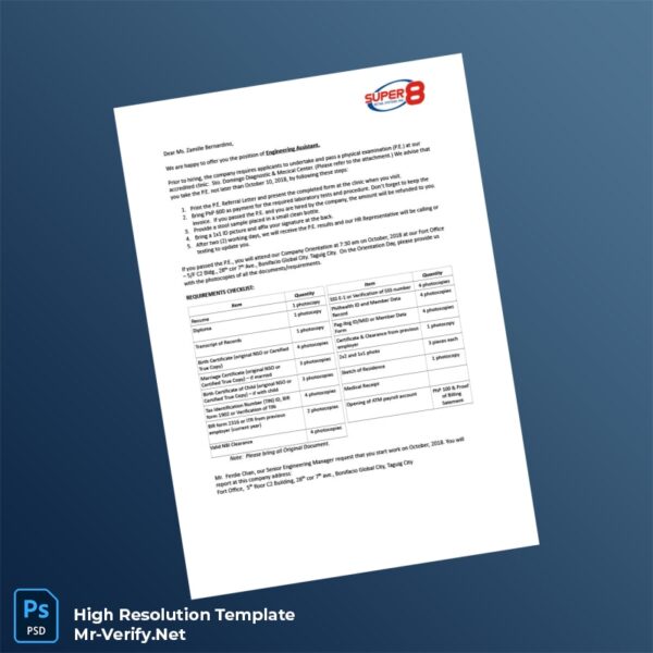 Editable Philippines Super 8 Employment Verification Letter Word and Pdf Template Preview - Mac Doc