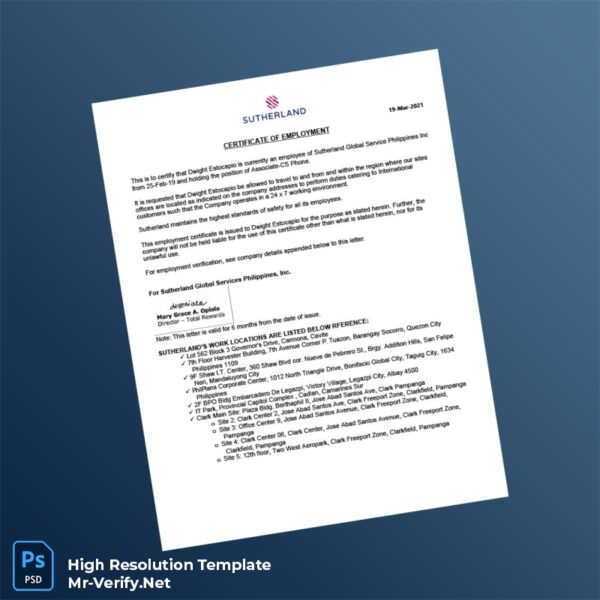 Editable Philippines Sutherland Global Services Employment Verification Letter Word and Pdf Template Preview - Mac Doc