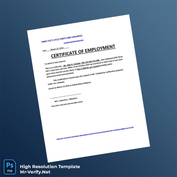 Editable Philippines Three EEE s Cycle Parts Employment Verification Letter Word and Pdf Template Preview - Mac Doc