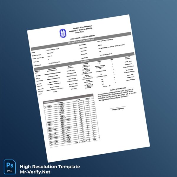 Editable Philippines University of Rizal System Certificate of Registration Word and Pdf Template Preview - Mac Doc