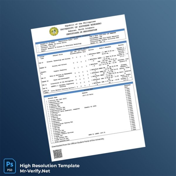 Editable Philippines University of Southern Mindanao Certificate of Registration Word and Pdf Template Preview - Mac Doc