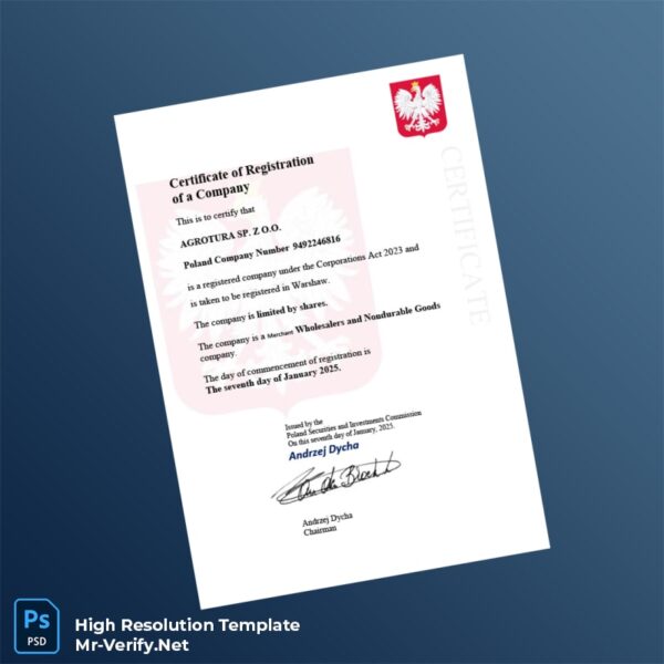 Editable Poland Securities and Investments Commission Business Registration Certificate Word and Pdf Template Preview