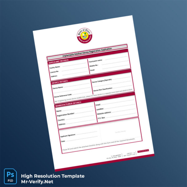 Editable Qatar Ministry of Public Health Implantable Medical Device Registration Application Form Word and Pdf Template Preview - Mac Doc