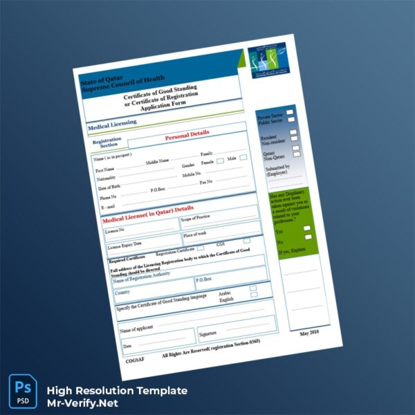 Editable Qatar Supreme Council of Health Certificate of Good Standing Application Form Word and Pdf Template Preview - Mac Doc