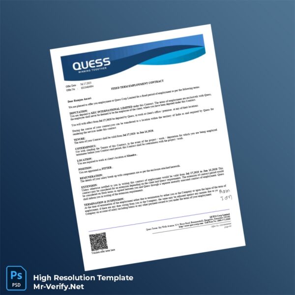 Editable Quess Corporation Employment Verification Letter Word and Pdf Template Preview - Mac Doc