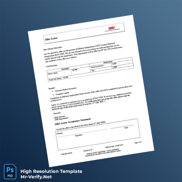 Editable RAY Contract Research Organization Employment Verification Letter Word and Pdf Template Preview - Mac Doc