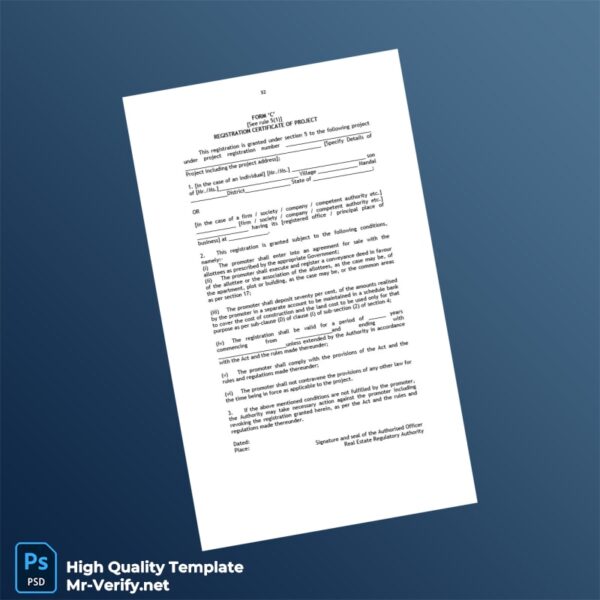 Registration Certificate of Project from Real Estate Regulatory Authority Template in Word and PDF formats