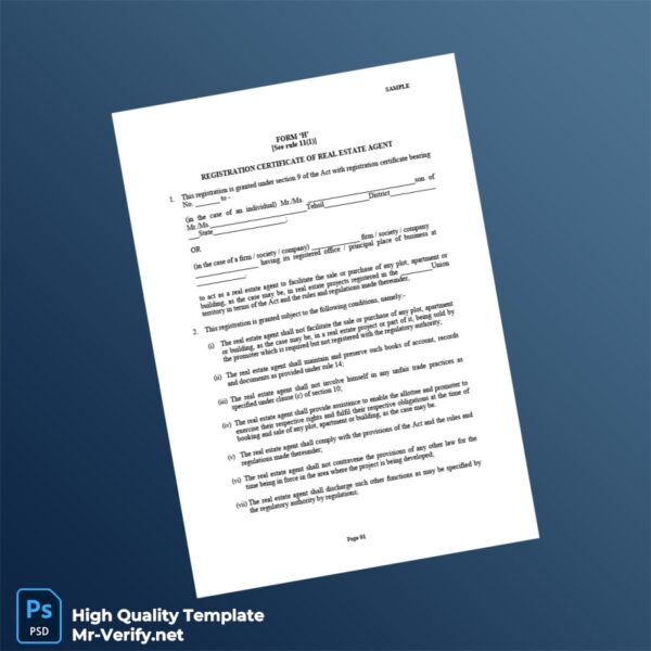Registration Certificate of Real Estate Agent Template in Word and PDF formats