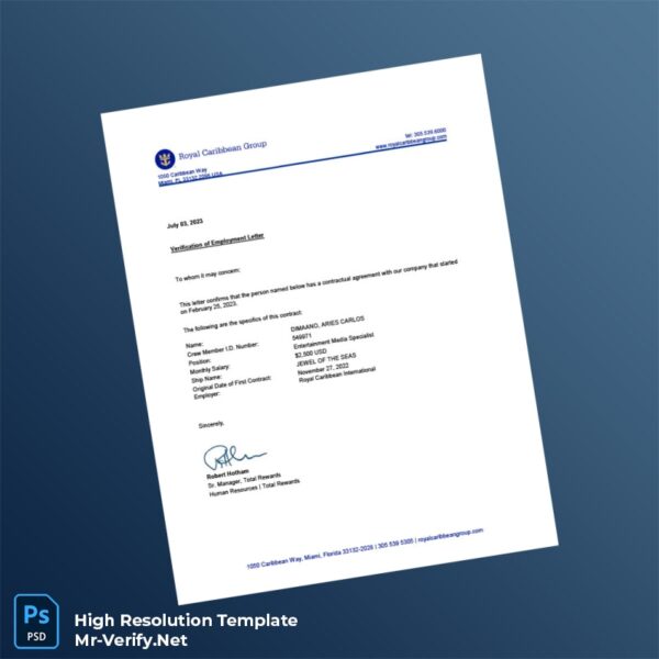 Editable Royal Caribbean International Employment Verification Letter Word and Pdf Template Preview - Mac Doc
