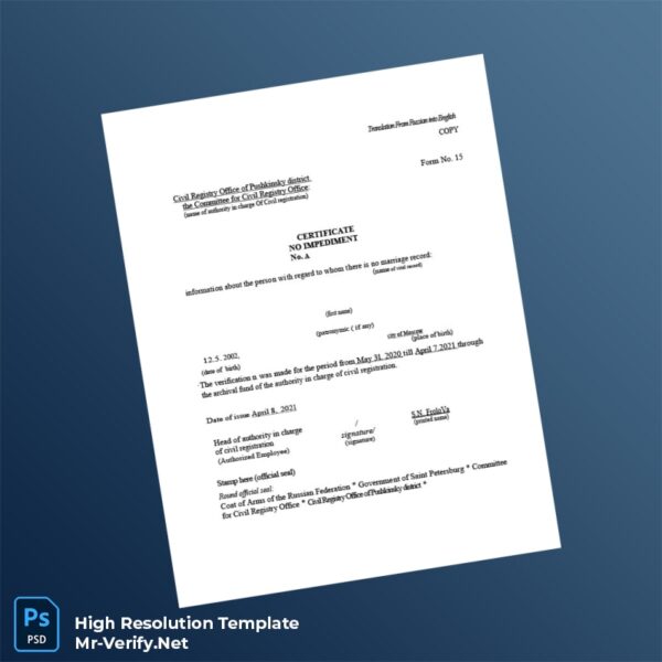 Editable Russia Civil Registry Office Certificate of No Impediment Word and Pdf Template Preview - Mac Doc