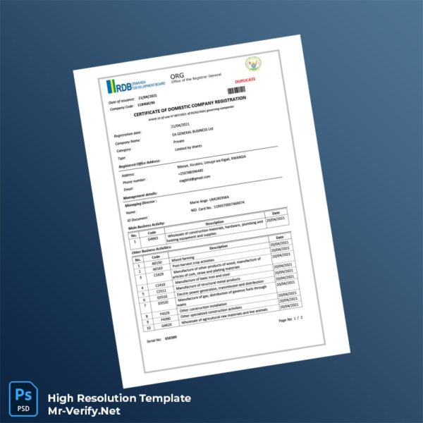 Editable Rwanda Office of the Registrar General Business Registration Certificate Word and Pdf Template Preview - Mac Doc