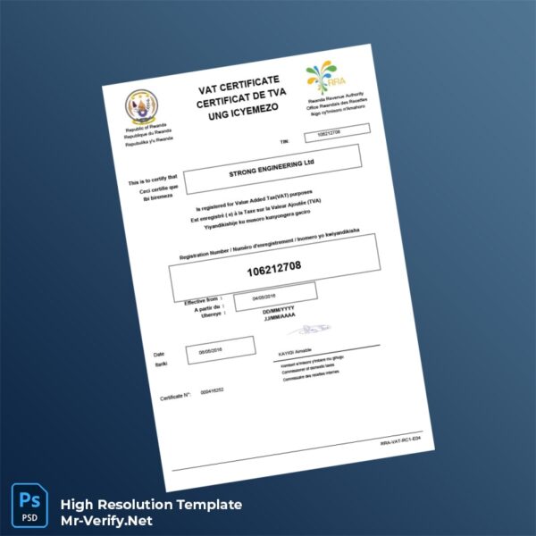 Editable Rwanda Rwanda Revenue Authority VAT Registration Certificate Word and Pdf Template Preview - Mac Doc